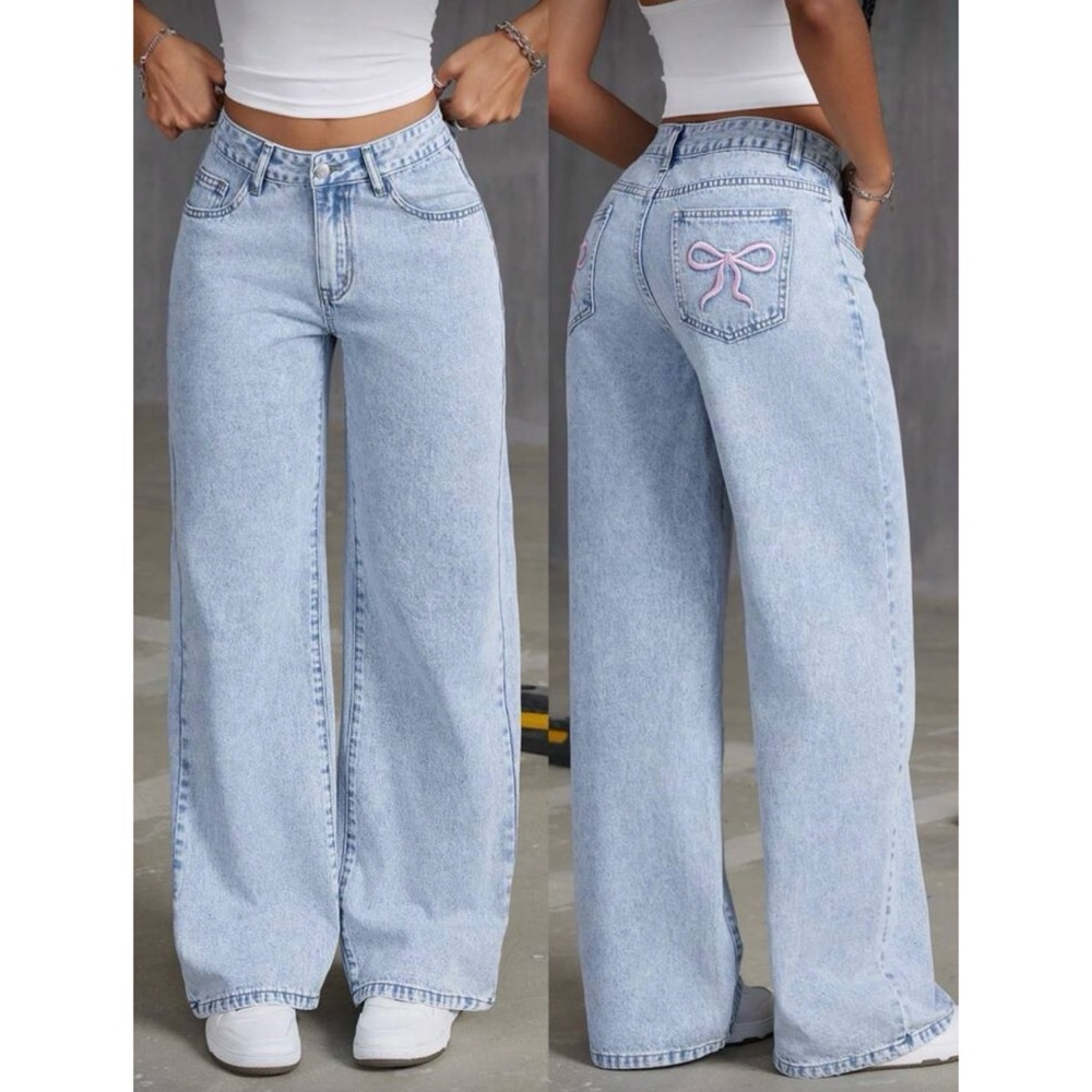 SHEIN Light Blue Flare Jeans with Pink Bow Accent